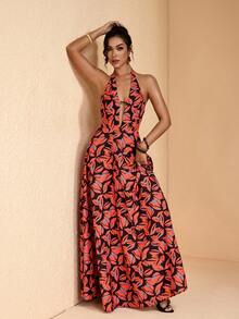 JIAN LASALA Vestido largo de verano casual para vacaciones con cuello halter, espalda descubierta y escote en V profundo sin mangas para mujer - Multicolor - Ver 6