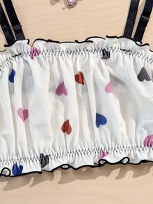 Cute Ribbed Heart Print Ruffle Trim Women's Bralette And Panty Set - Multicolor - View 3