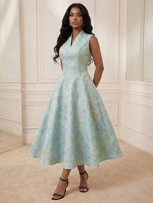 Playroots 女士优雅时尚修身无袖V领提花亮片中长连衣裙，适合情人节穿着 - 藍色 - 查看 3