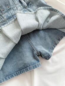 Elamini Women's Chicken Eye Design Pleated Hem Fashionable Strapless Denim Jumpsuit - Blue - View 4