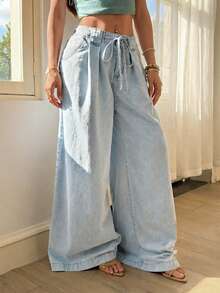 Breezaya 女士系带腰褶裥阔腿宽松休闲牛仔裤 - 藍色 - 查看 5