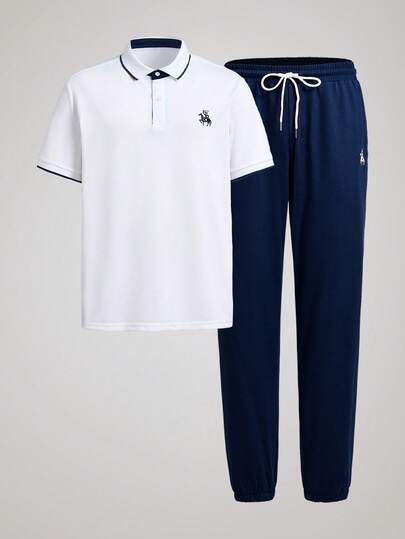 Officeau 2pcs Men's Knight Print Polo Shirt & Pants Casual Suit Men Casual Outfit Casual Men Outfit