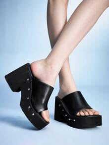 Sugerpunk Women Heeled Sandals~ 11cm Super High Heel Women's Shoes Heightening Road Toes Platform Slippers Women's Fashion Rivet Wedge Sandals Lazy Shoes Autumn - Black - View 2