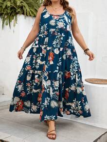 SHEIN CURVE+ 曲线尺码 US22 音乐节、海滨度假、波西米亚风印花吊带连衣裙，适合夏季海滩度假、沙滩罩衫、夏季服装，女士碎花连衣裙，碎花长裙，夏季吊带裙，波西米亚风碎花连衣裙，大码夏季连衣裙，波西米亚风长裙 - 藍色 - 查看 9