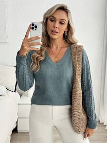 Louniche Spring/Summer Casual Commuter Green Long Sleeve Hollow V-Neck Knit Sweater - Green - View 5