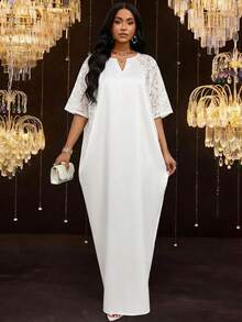 SHEIN Lady Women's Contrast Lace Raglan Sleeve Dress, Elegant - Red - View 6