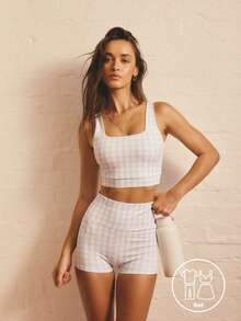 Aralina Leisurewear Active Women's 2pcs Gingham Plad Printed Tank And Short Gym Workout Two Pieces Set - Blue - View 1