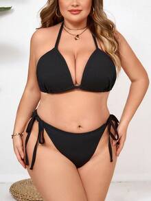 SHEIN CURVE+ Plus Size Women Black Side Drawstring Design Beach Vacation Bikini Set - Black - View 3