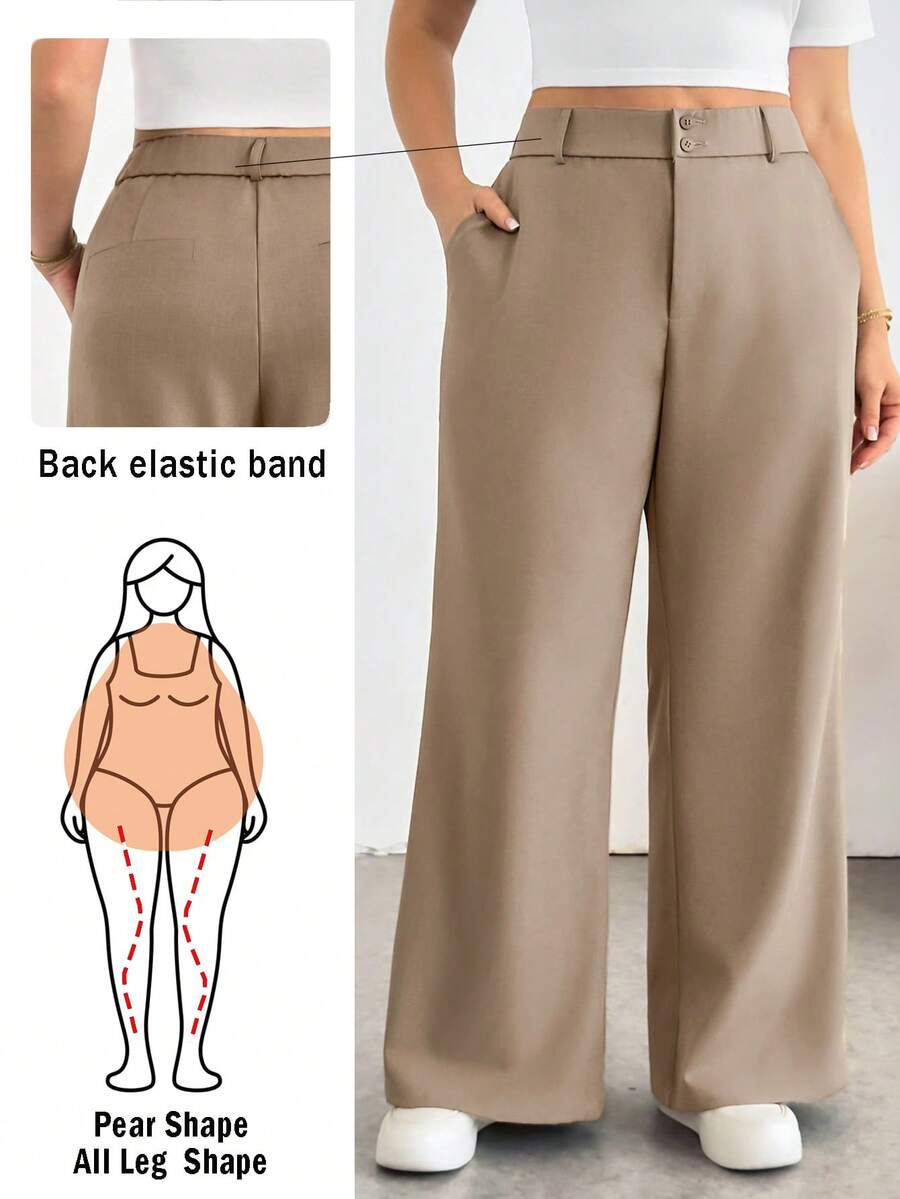 SHEIN Essnce Plus-Size Women's Spring/Summer Fashion Casual Loose Comfortable Everyday Basic Versatile Khaki Flared Pants,Spring,Women Bottom,Work Pants - Khaki - View 1