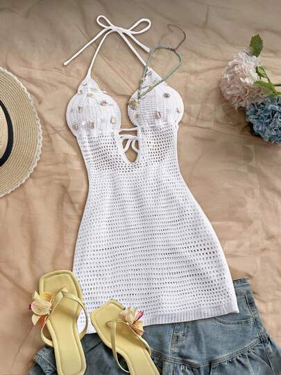 GlowEve 女士度假贝壳装饰镂空针织无袖连衣裙