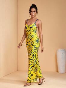 JIAN LASALA 全印花针织吊带V领无袖女士夏季长连衣裙波西米亚休闲度假优雅 - 黃色 - 查看 4