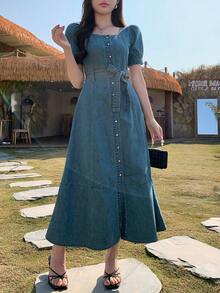 DAZY Women's Casual Washed Square Collar Belted Petal Sleeve Denim Dress, Summer - Blue - View 6