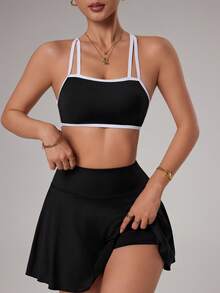 Gameset SHEIN Sport Conjunto esportivo feminino composto por top cropped sem costas com amarração nas costas e minissaia. - Preto e Branco - Ver 4