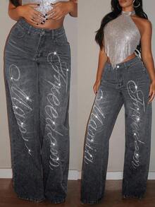 Jeanoix Women's Y2K Retro Rhinestone Embellished Straight Leg Jeans - Grey - View 7