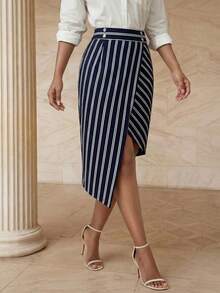 Playroots 女士夏季高腰金属扣装饰撞色条纹不对称下摆优雅半身裙，藏蓝色 - 藏蓝色 - 查看 1