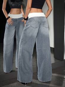 SHEIN PETITE Women's Casual Washed Color Block Waist Wide Leg Jeans - Blue - View 2