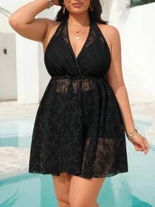 Swim Vcay Bộ bikini cỡ lớn màu đen, dây buộc cổ chữ V, lưng chéo, quần đùi cạp cao, kiểu dáng thời trang và đơn giản dành cho kỳ nghỉ biển của phụ nữ. - màu đen - Xem 1