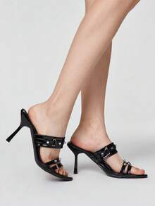 ROMWE Grunge Punk Spitze Nieten, dünne High Heels, modisches Design mit Temperament für Damen, lässige Oberbekleidung, offene Wort mit Sandalen, Damen - Schwarz - Übersicht 4