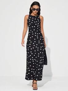 Aveloria Modichic Đầm maxi dáng chữ A không tay, cổ tròn, tối giản, thanh lịch, bất đối xứng, họa tiết chấm bi ngẫu nhiên, chất liệu vải acetate bóng mượt, kiểu dáng tinh tế, đa năng, phù hợp cho công sở, mang phong cách vintage Pháp sang trọng dành cho nữ. - màu đen - Xem 3