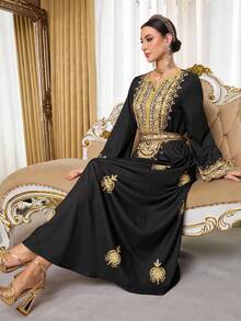 Al Najma Đầm maxi Thổ Nhĩ Kỳ dành cho nữ và áo abaya truyền thống Ả Rập. - màu đen - Xem 3