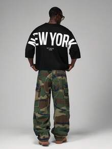 STYNVO Men's Letter Print Round Neck Casual Loose T-Shirt - Black - View 5