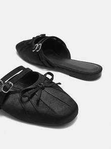 秋冬女士优雅时尚细带扣脚背带蝴蝶结装饰黑色缎面舒适方头一脚蹬平底穆勒鞋芭蕾平底鞋 - 黑色 - 查看 11