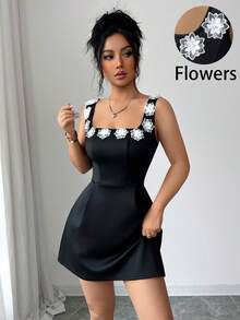 Siren Gaze Nuevo vestido mini de mujer con bloqueo de color negro y blanco, patchwork y estampado floral 3D para primavera/verano - Negro - Ver 5