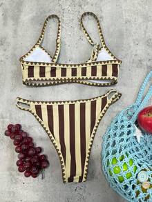 Swim Mod 2pcs/Set Women's Fashionable Cute Vacation Sexy Beach/Pool Party Striped Print Ruffled Adjustable Thick Strap Crop Top And Double Waist Tie Bikini Swimwear Set - Multicolor - View 2