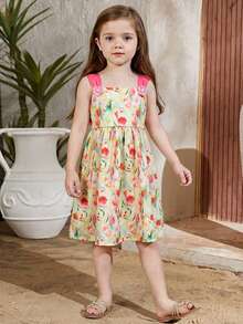Young Girl Summer Casual Beach Vacation Floral Print Ruched Waist Dress - Multicolor - View 4