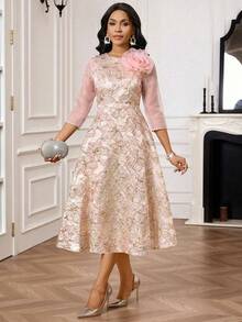 SHEIN Lady Women's Textured Floral Midi Dress - Pink - View 7