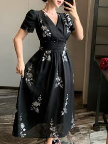 DAZY 女士优雅花卉亮片V领花瓣袖褶皱中长连衣裙，夏季婚礼宾客礼服，女士吊带裙 - 黑色 - 查看 9