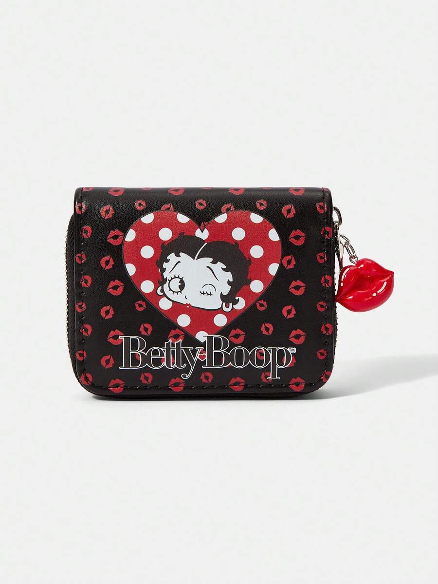 Betty Boop x SHEIN 1 Black Love Red Lip Print Fashion Short Wallet - Black A - View 1