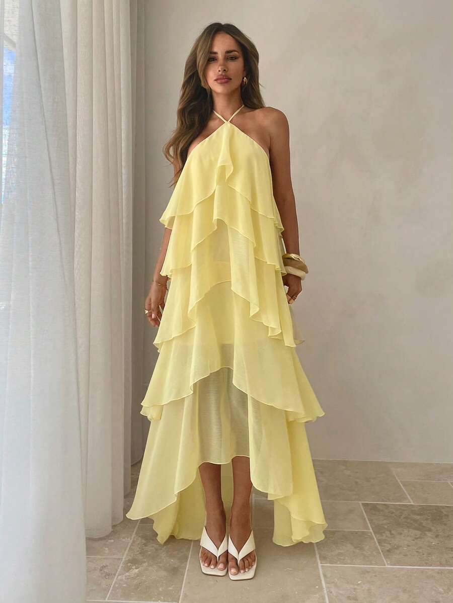 Aloruh Đầm nữ màu vàng trơn xếp ly mới, thích hợp cho mùa xuân/hè.