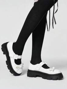 ROMWE Kawaii Giày cao gót đế xuồng và đế platform cho nữ, giày Diablo Rock Punk Goth, giày Mary Jane một khóa, giày da nhỏ, giày kín mũi có nơ, giày đồng phục JK Nhật Bản ngọt ngào, phong cách Y2K. - Nơ bướm trắng gạo - Xem 4