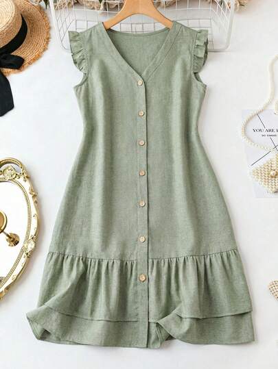 SHEIN LUNE 女士纯色V领短袖荷叶边纽扣前开襟连衣裙