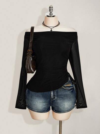 SHEIN ICON Women's Plus Size Retro Sexy Elegant Simple Individual Fashion Urban Modern Millennial Style Y2K Sheer Mesh Long Sleeve Off-Shoulder Asymmetrical Hem Side Gathering Black Slim Fit Top