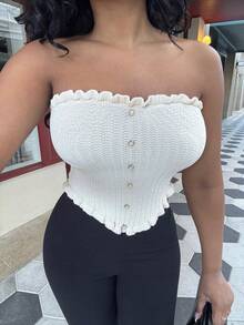 Alexandranx Casual Tube Ruffle Knitted Top,Going Out Top - Beige - View 4