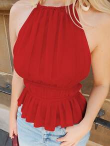 Turnttoni Women's Pleated Halter Neckline Waist-Tied Backless Tank Top - Burgundy - View 3