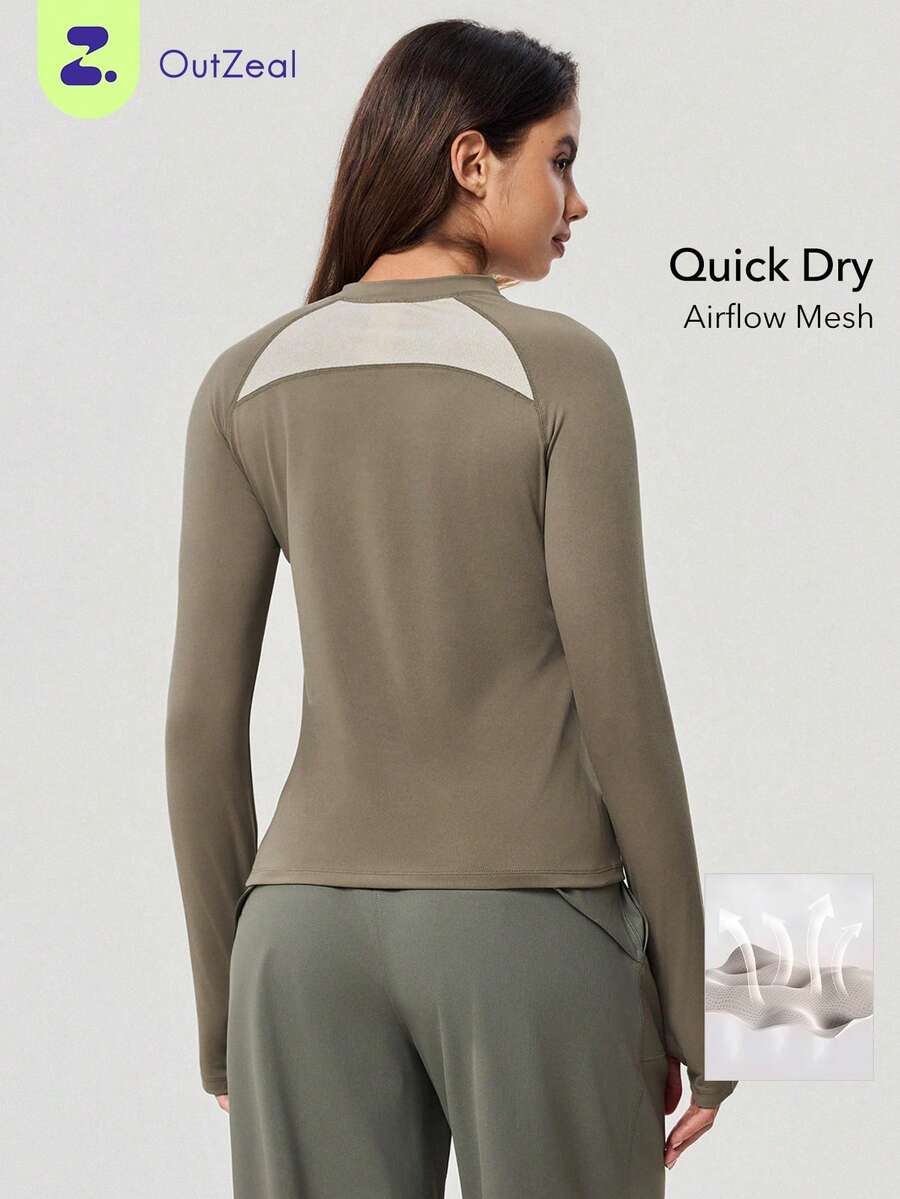 OutZeal Women Sports Tees Running Gym Wear Quick Dry Moisture Wicking Long Sleeve Round Neck Mesh Design Active Tops - Army Green - View 1