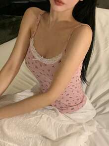 DAZY 女士花卉蕾丝吊带背心，网纱胸部设计，夏季款 - 玫瑰紅 - 查看 5