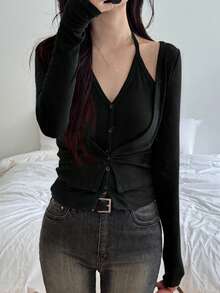 DAZY 2pcs/Set Sexy Design Long Sleeve T-Shirt, Neckline Decor, Slim Fit Casual Top For Women - Black - View 3