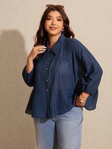 Elaquor 大码春夏休闲简约百搭藏蓝色条纹荷叶边女式衬衫 - 藏蓝色 - 查看 4