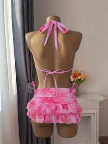 Bellisia 女士最新时尚潮流粉色甜美沙滩装，垂领沙滩连衣裙，三角包，荷叶边不规则层叠蛋糕裙泳衣三件套，春夏秋三季 - 彩色 - 查看 3