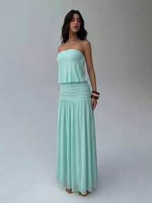 Aloruh Women's Romantic Sexy Solid Blue Strapless Ruched Waist A-Line Dress, Suitable For Spring/Summer Vacation & Date,Summer Dresses For Women - Mint Blue - View 4