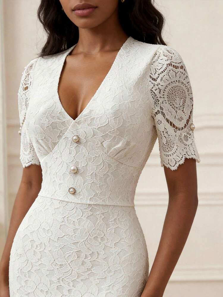 White Lace Mini Dress, Elegant Party Dress, Sexy Short Dress Elegant White Dress White Lace V Neck Dress