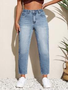 SHEIN MOD Quần jeans nữ cỡ lớn có túi và cúc, kiểu dáng thường ngày, đa năng, thích hợp mặc hàng ngày. - Màu xanh lam - Xem 5