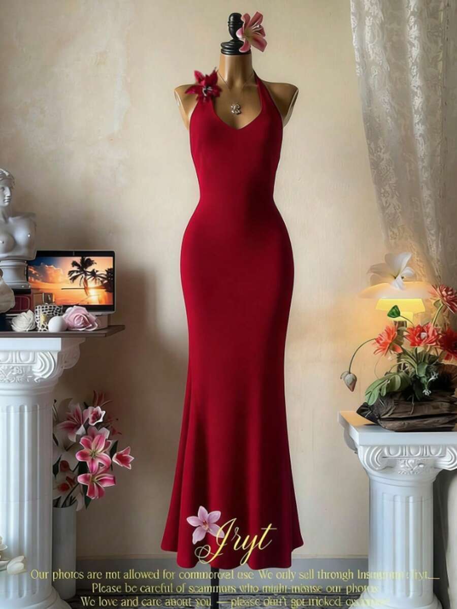 Lyxana Women's Solid Color Fishtail Hem Fitted Elegant Dress With Halter Neck - Red - View 1