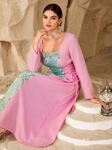 Al Najma 女士印花腰带长袖优雅阿拉伯风格连衣裙 - 粉色 - 查看 7