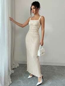 Elenzga Elegant Commuter Pleated Waist Strap Dress, Spring/Summer - Apricot - View 3