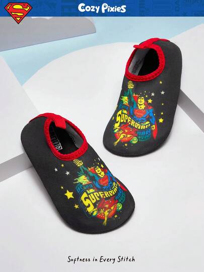 SUPERMAN X Cozy Pixies 1 Pair Cute Cartoon Pattern Breathable Soft Bottom Water Shoes, Suitable For Babies For Pool, Outdoor, Beach